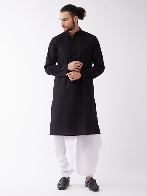 Vastramay Men's Black Cotton Blend Kurta And White Dhoti Set